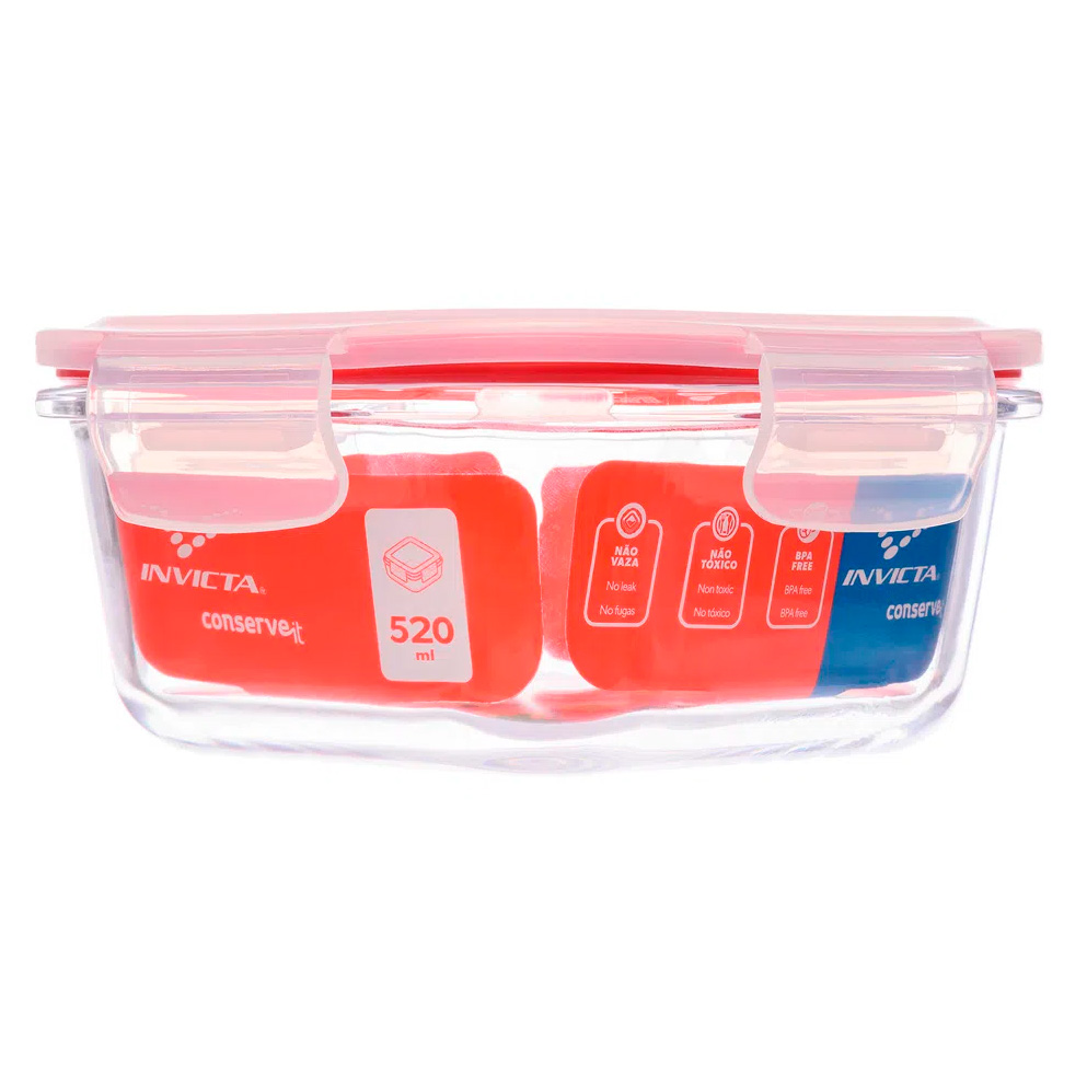 CONTENEDOR DE ALIMENTOS HERMETICO CUADRADO GOMA ROJA  - 520 ML.