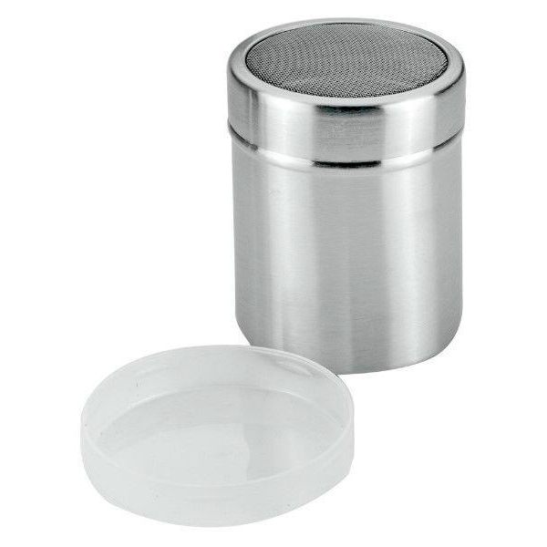 FRASCO CERNIDOR CANELA/AZUCAR C/TAPA  ACERO INOXIDABLE 10 x 7,5 CMS.